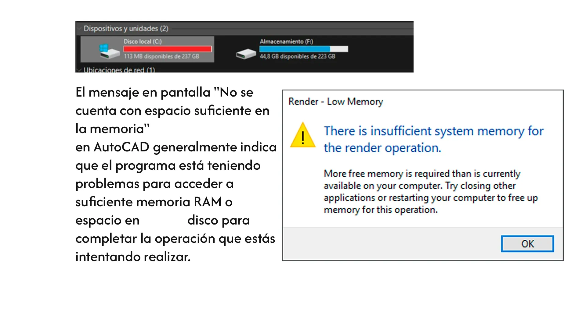Mensaje de error 'No hay espacio suficiente en la memoria' en AutoCAD